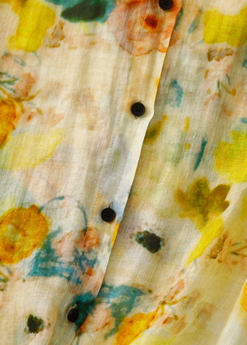Chic Yellow Button Print Linen Shirt Lantern Sleeve