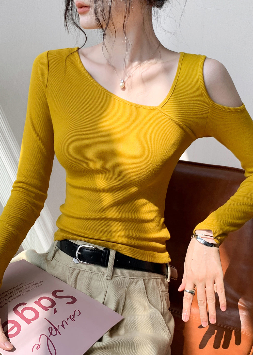 Chic Yellow Cold Shoulder Hollow Out Cotton T Shirt Fall