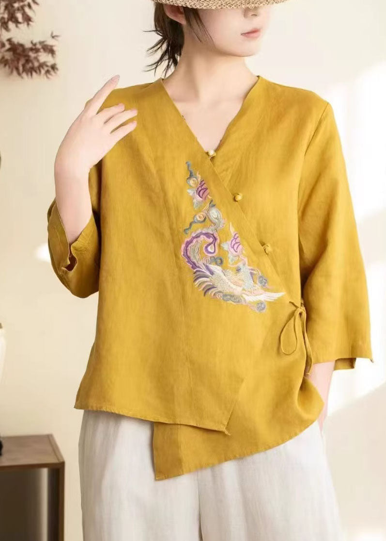 Chic Yellow Embroidered Lace Up Linen Shirts Spring