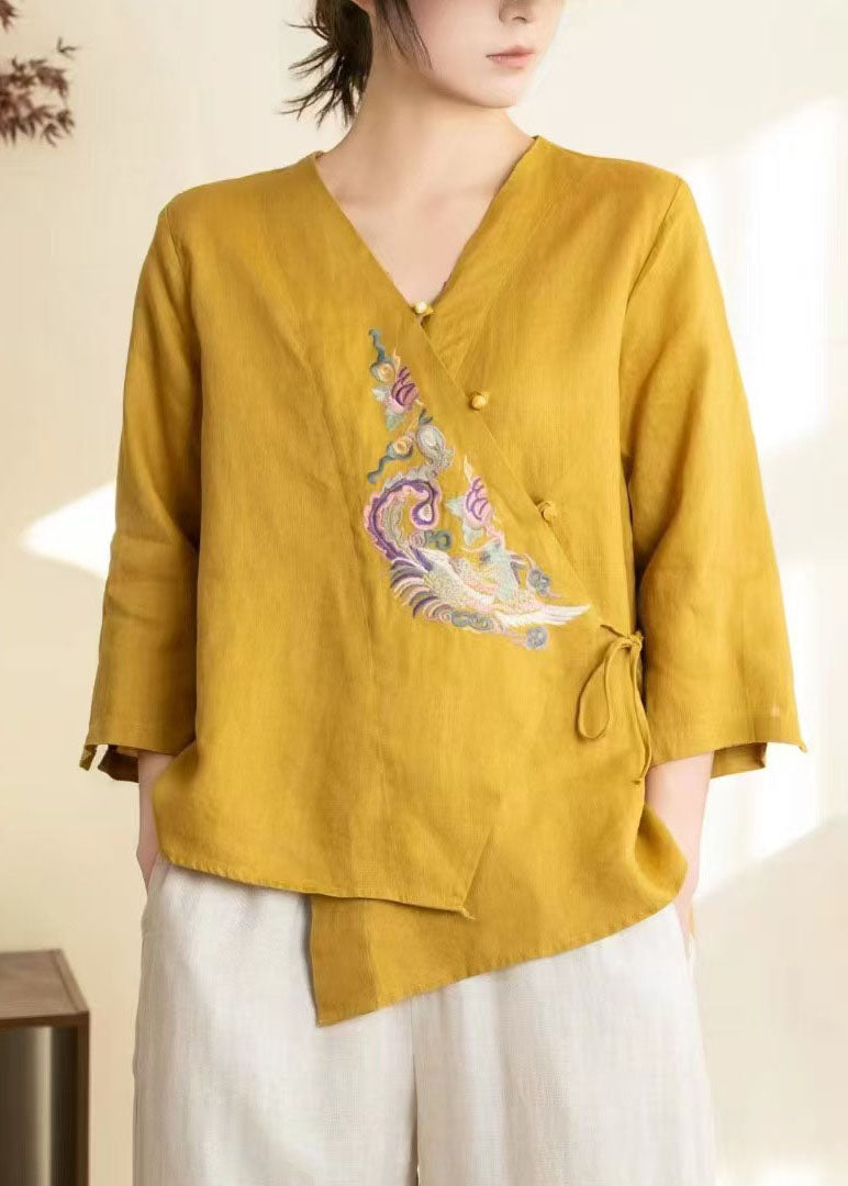 Chic Yellow Embroidered Lace Up Linen Shirts Spring