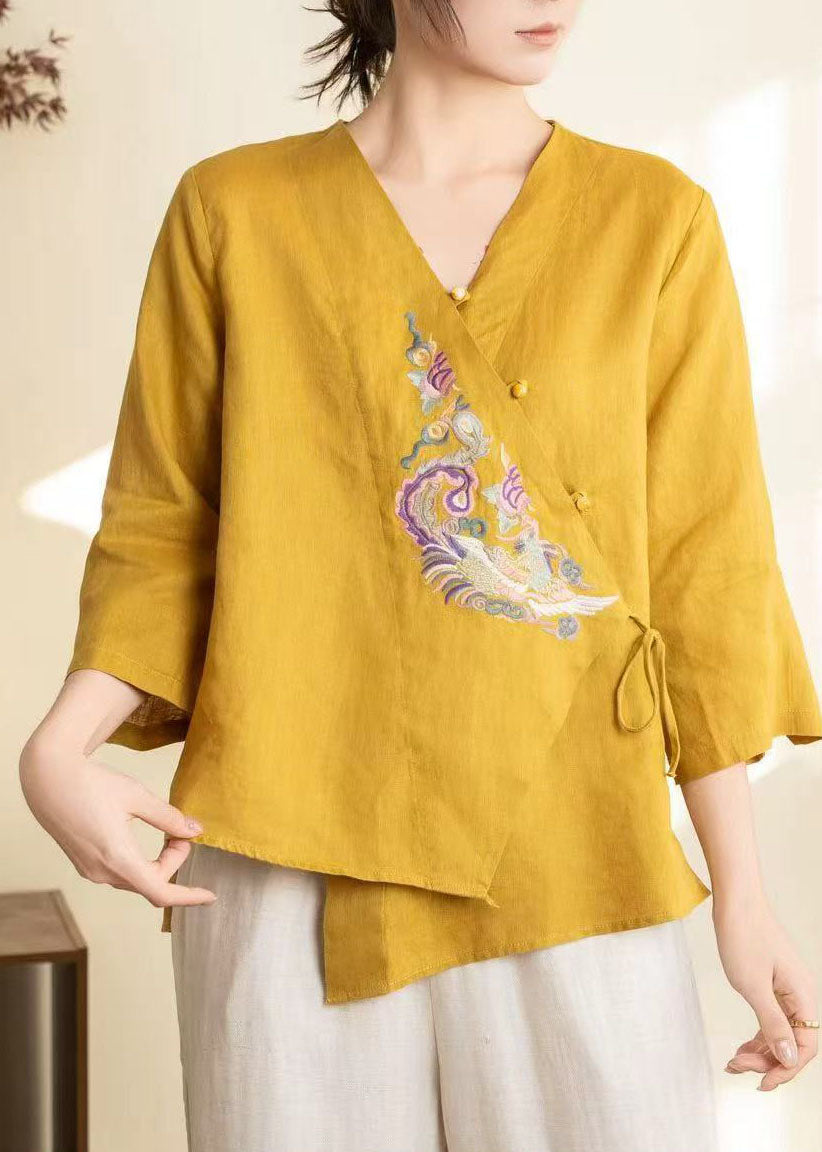 Chic Yellow Embroidered Lace Up Linen Shirts Spring
