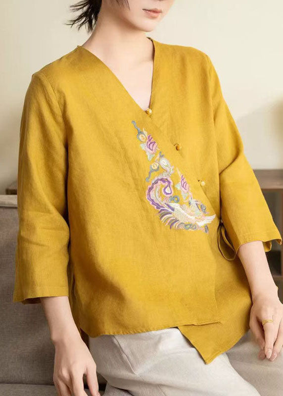 Chic Yellow Embroidered Lace Up Linen Shirts Spring