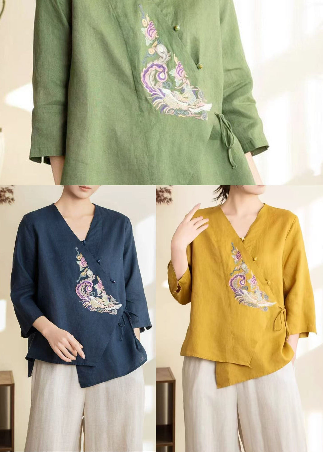 Chic Yellow Embroidered Lace Up Linen Shirts Spring