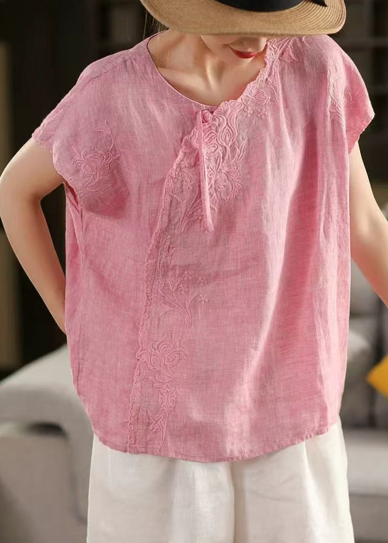 Chic Yellow Embroideried Chinese Button Linen Tanks Summer