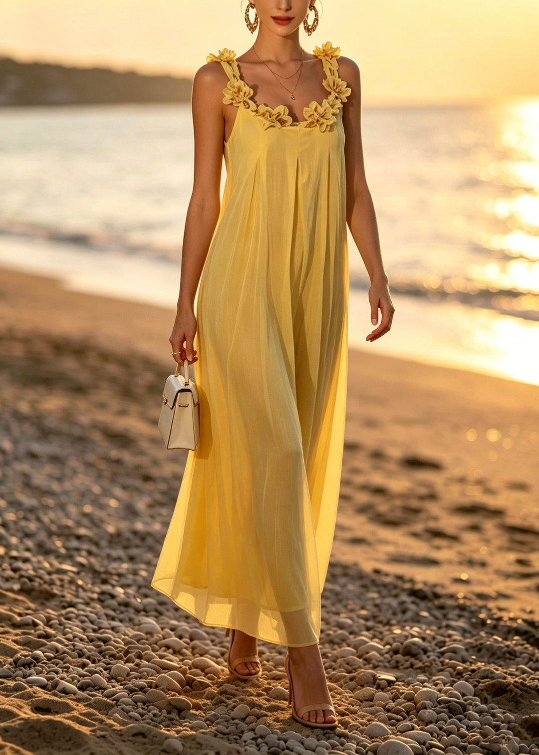 Chic Yellow Floral Patchwork Silk Spaghetti Strap Dress Summer