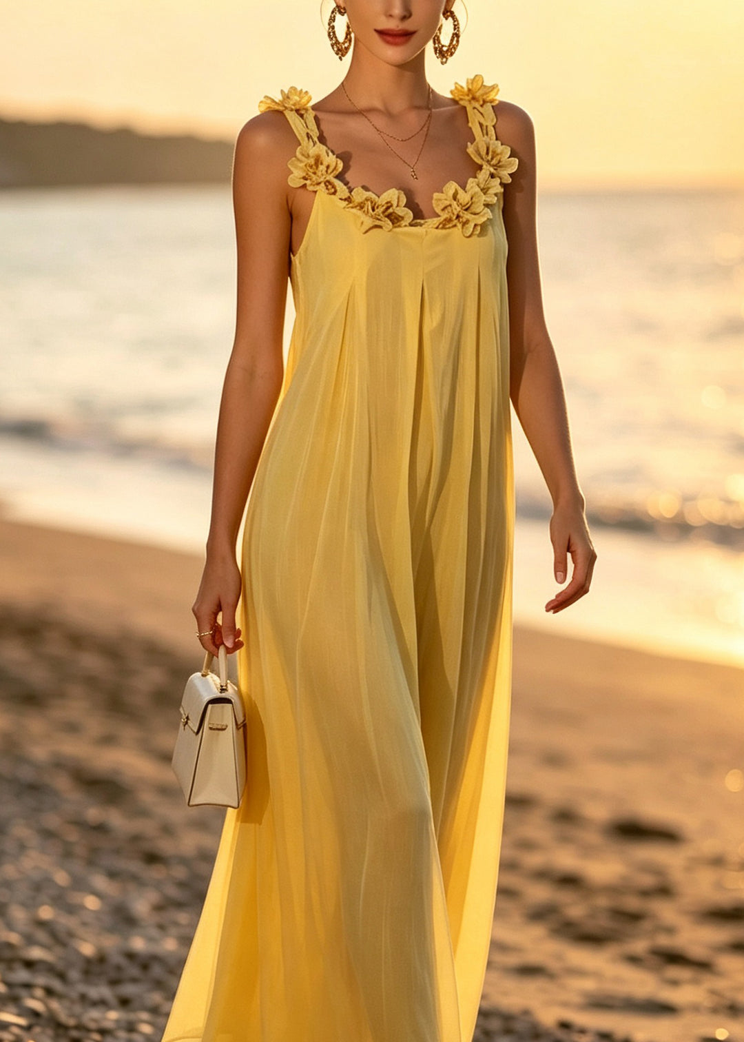 Chic Yellow Floral Patchwork Silk Spaghetti Strap Dress Summer