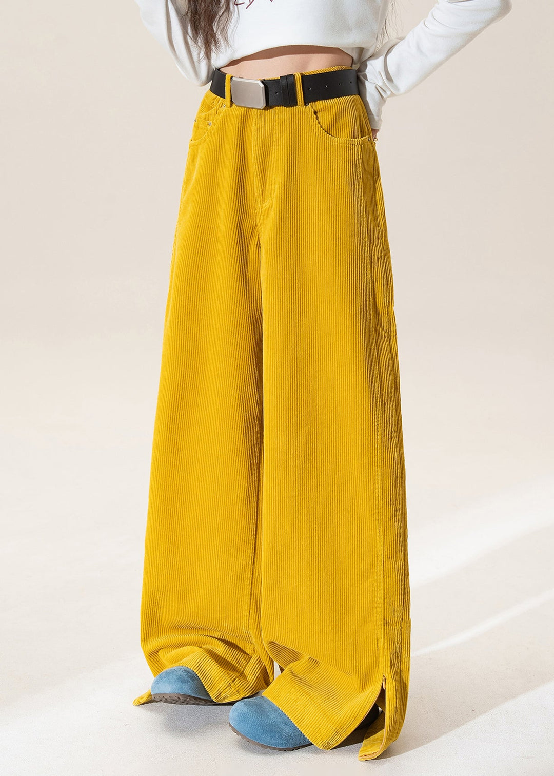 Chic Yellow High Waist Pockets Corduroy Straight Pants Winter