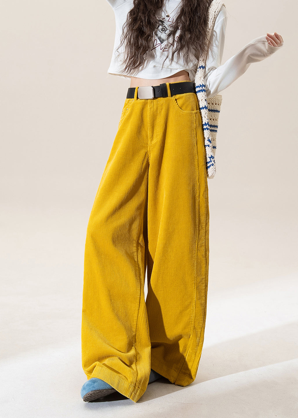 Chic Yellow High Waist Pockets Corduroy Straight Pants Winter