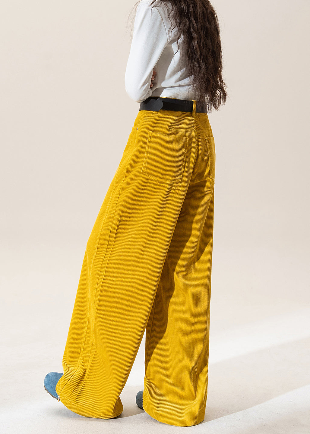 Chic Yellow High Waist Pockets Corduroy Straight Pants Winter