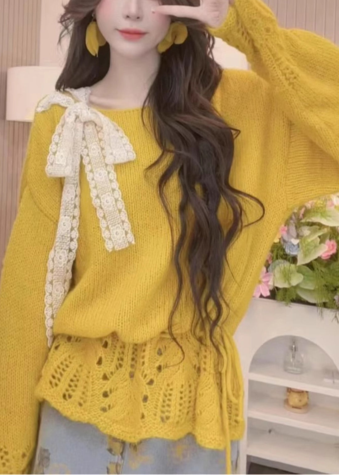 Chic Yellow Hollow Out Bow Knit Sweaters Fall