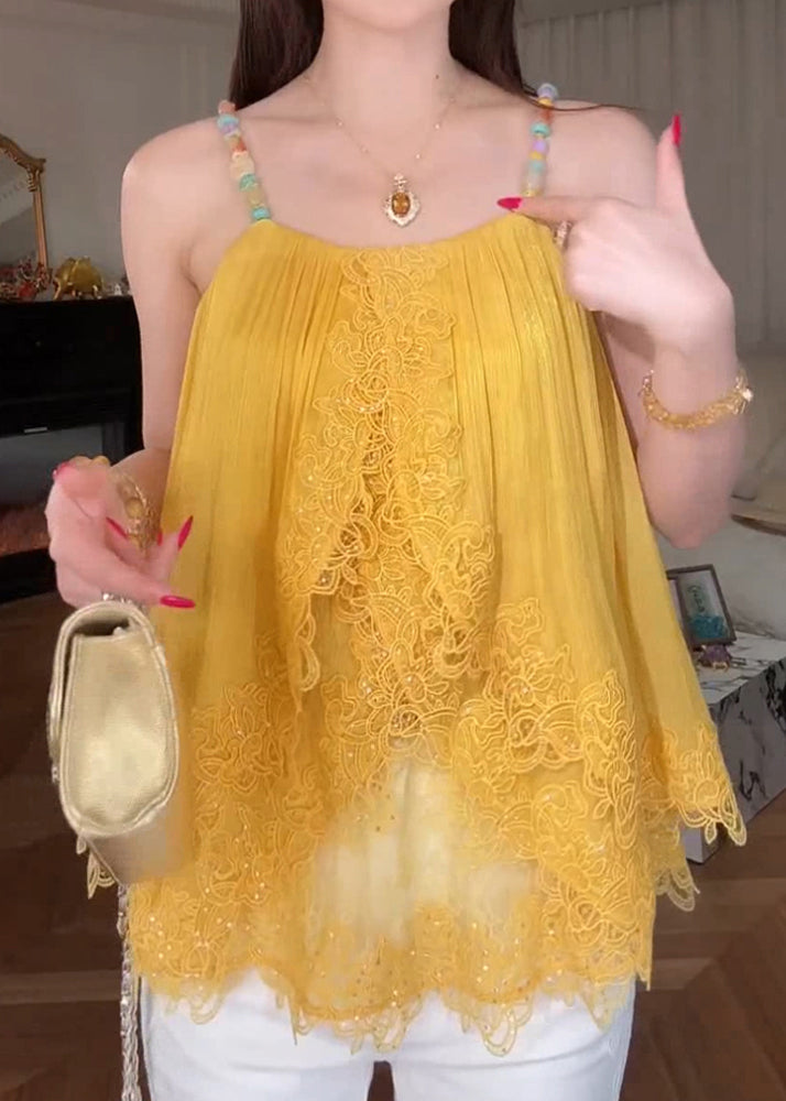 Chic Yellow Lace Patchwork Spaghetti Strap Tops Summer
