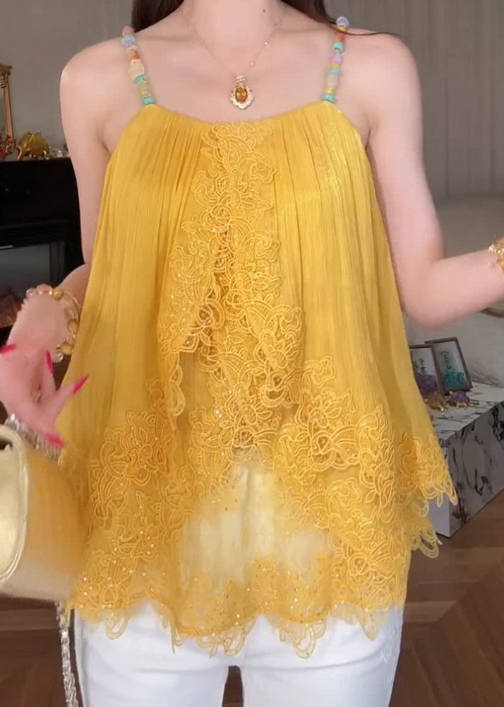 Chic Yellow Lace Patchwork Spaghetti Strap Tops Summer