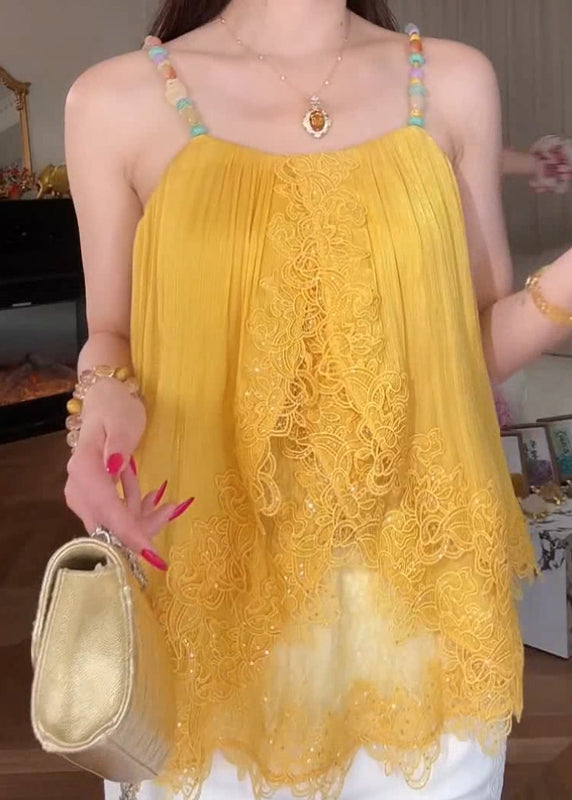 Chic Yellow Lace Patchwork Spaghetti Strap Tops Summer