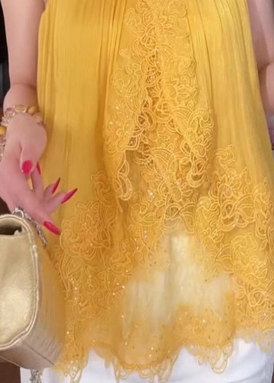 Chic Yellow Lace Patchwork Spaghetti Strap Tops Summer