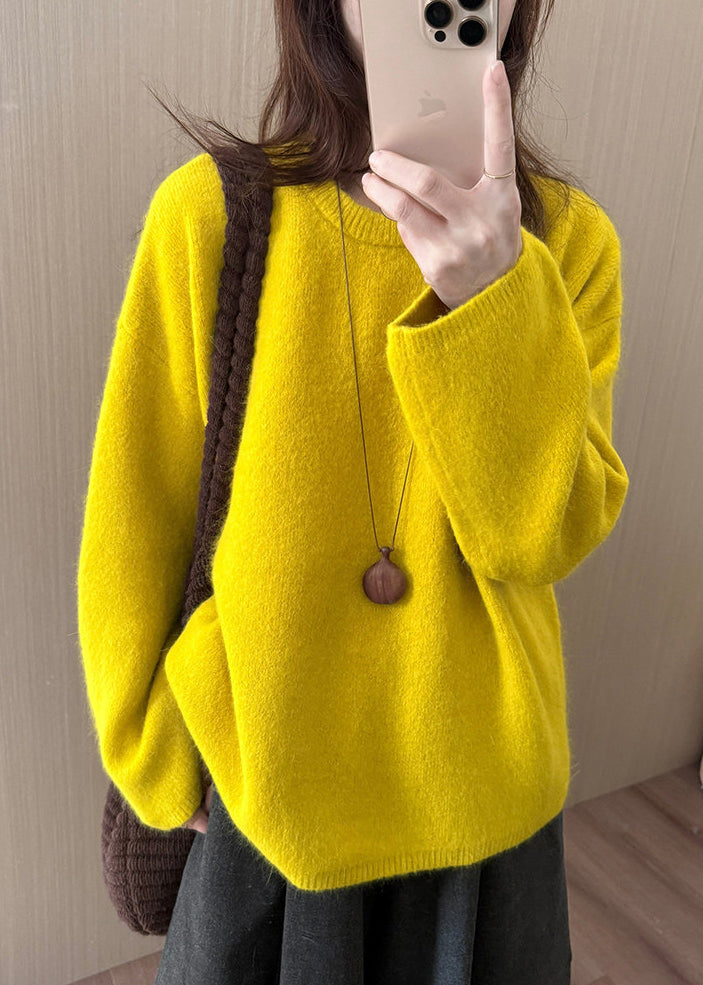Chic Yellow O-Neck Warm Knitted Tops Winter
