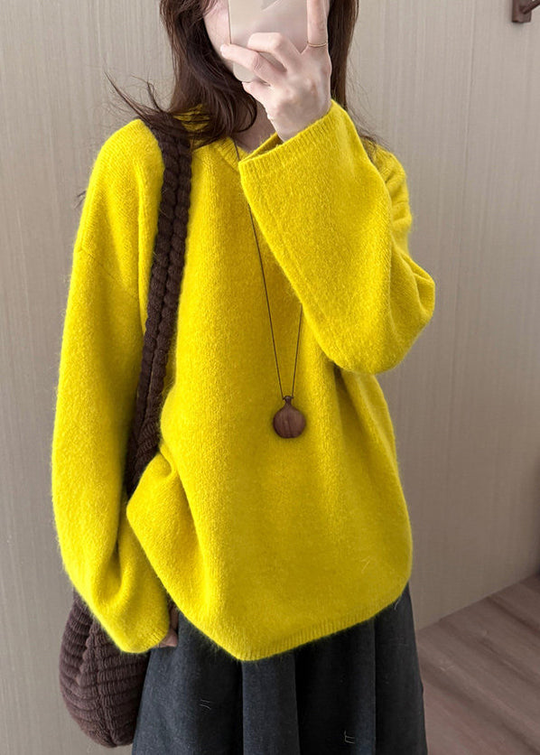 Chic Yellow O-Neck Warm Knitted Tops Winter