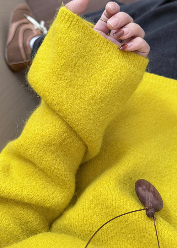 Chic Yellow O-Neck Warm Knitted Tops Winter