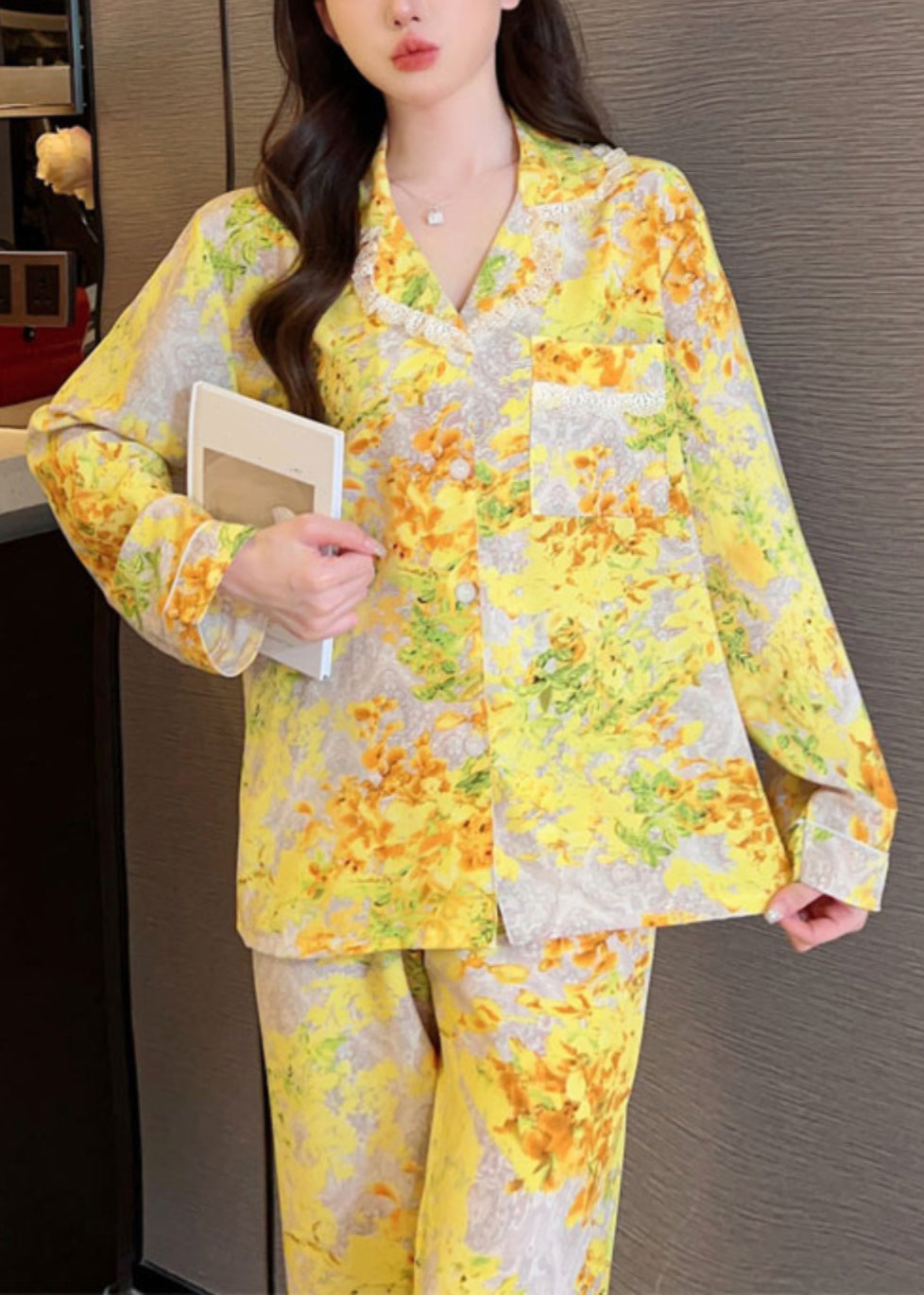 Chic Yellow Print Button Ice Silk Two Pieces Set Long Sleeve