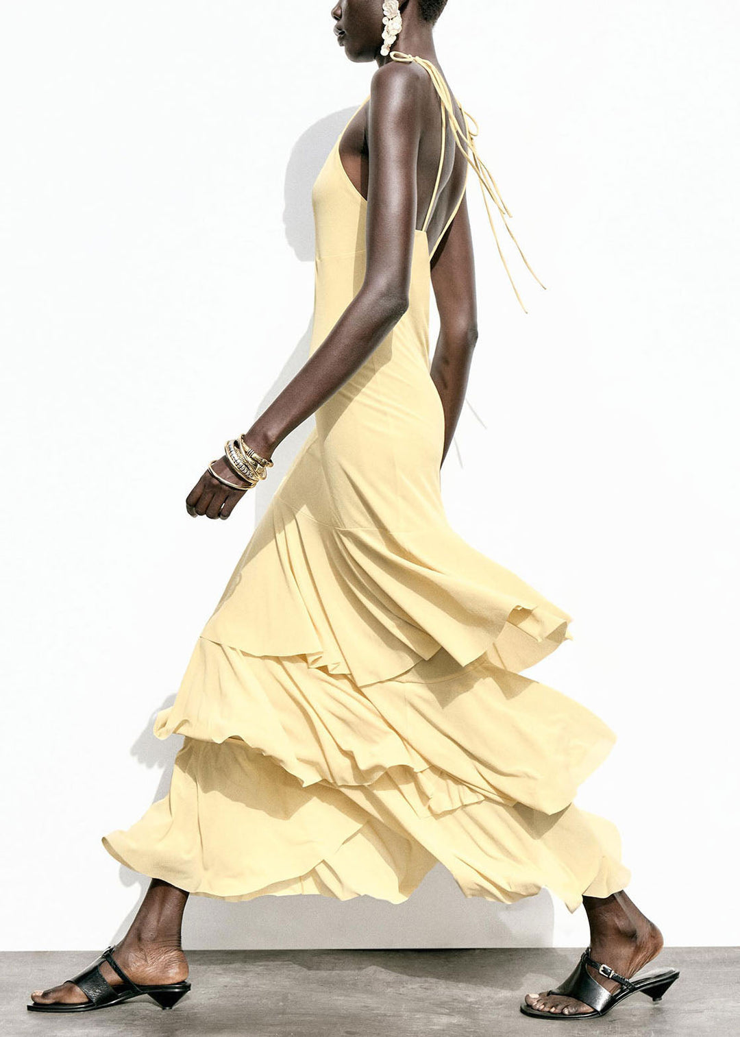 Chic Yellow Ruffled Patchwork Chiffon Spaghetti Strap Dress Summer