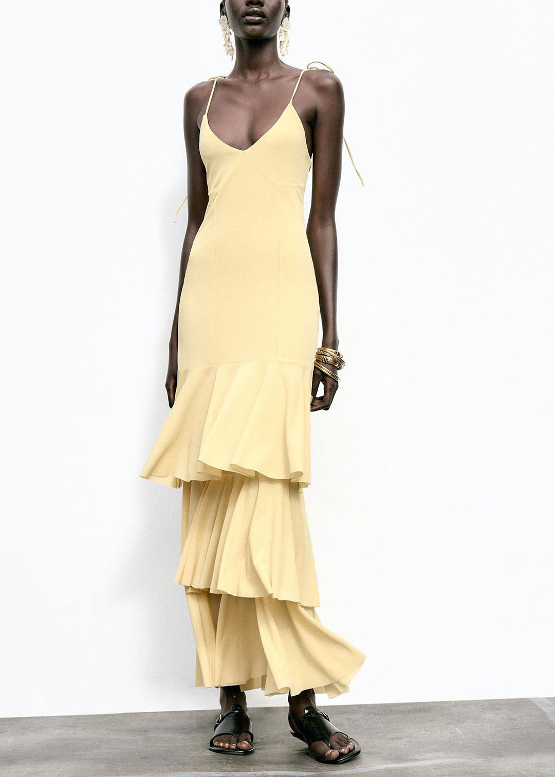 Chic Yellow Ruffled Patchwork Chiffon Spaghetti Strap Dress Summer