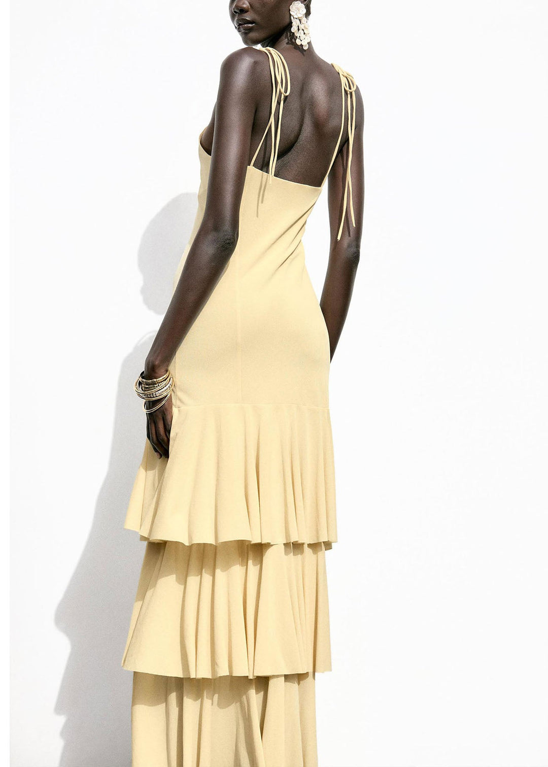 Chic Yellow Ruffled Patchwork Chiffon Spaghetti Strap Dress Summer