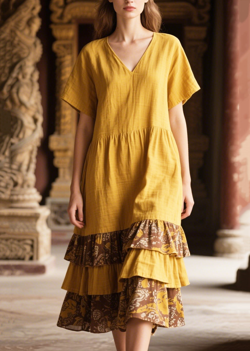 Chic Yellow Ruffles Patchwork Cotton Long Dress Summer