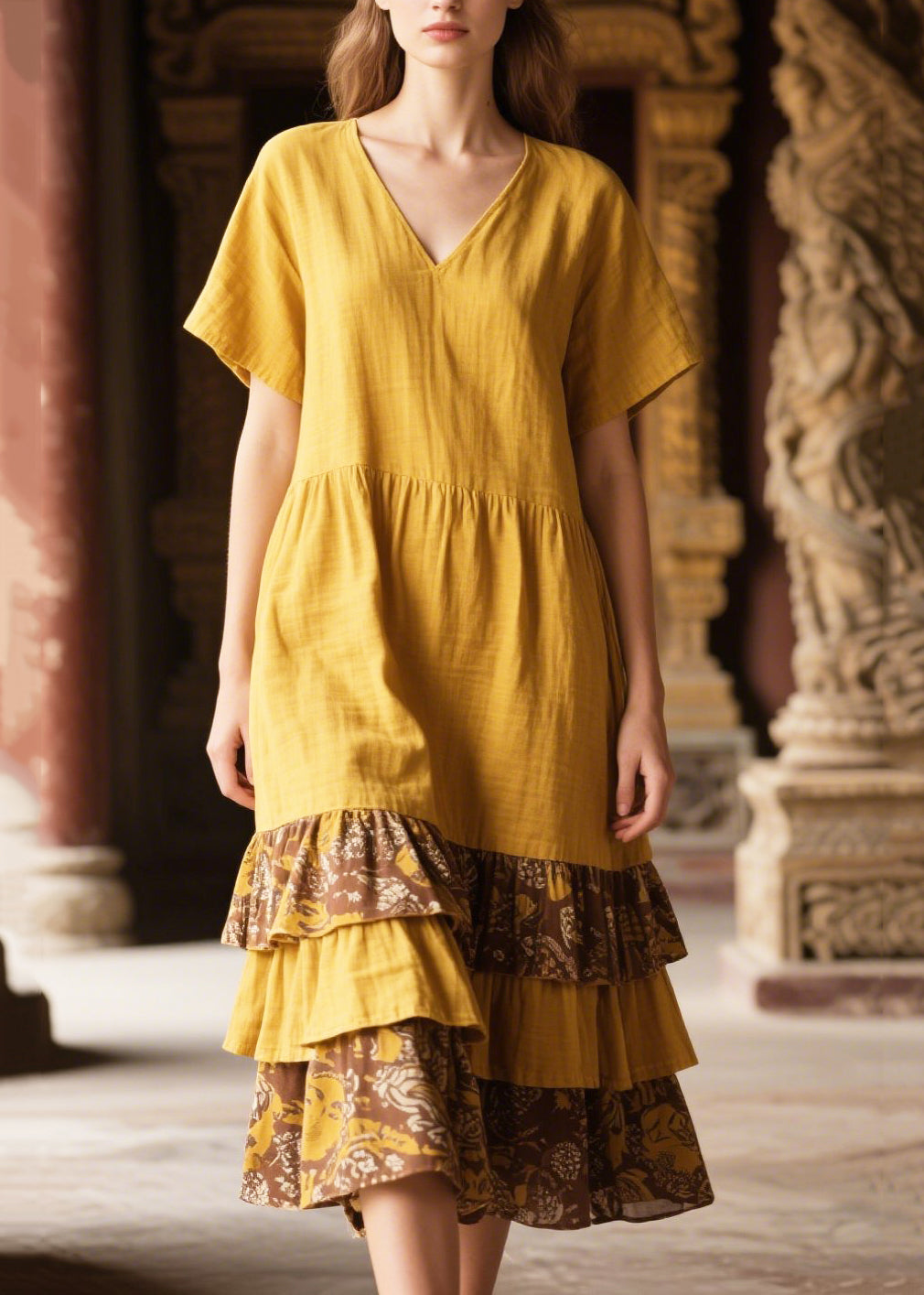 Chic Yellow Ruffles Patchwork Cotton Long Dress Summer
