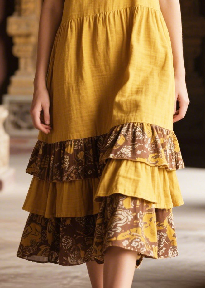 Chic Yellow Ruffles Patchwork Cotton Long Dress Summer