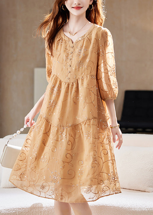 Chic Yellow Sequins Embroidered Patchwork Cotton Dress Summer