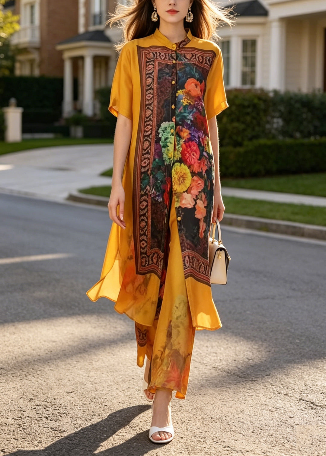 Chic Yellow Stand Collar Print Silk Two Piece Suit Set Summer