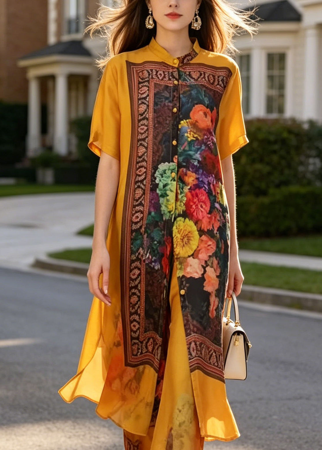 Chic Yellow Stand Collar Print Silk Two Piece Suit Set Summer