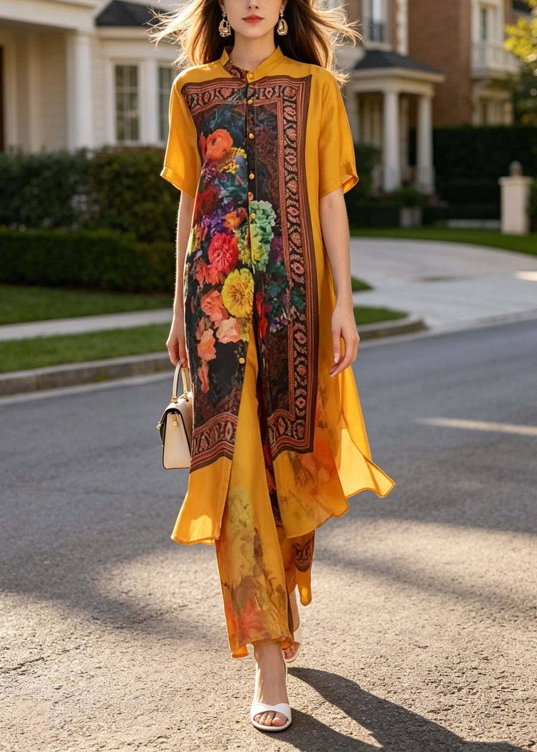 Chic Yellow Stand Collar Print Silk Two Piece Suit Set Summer