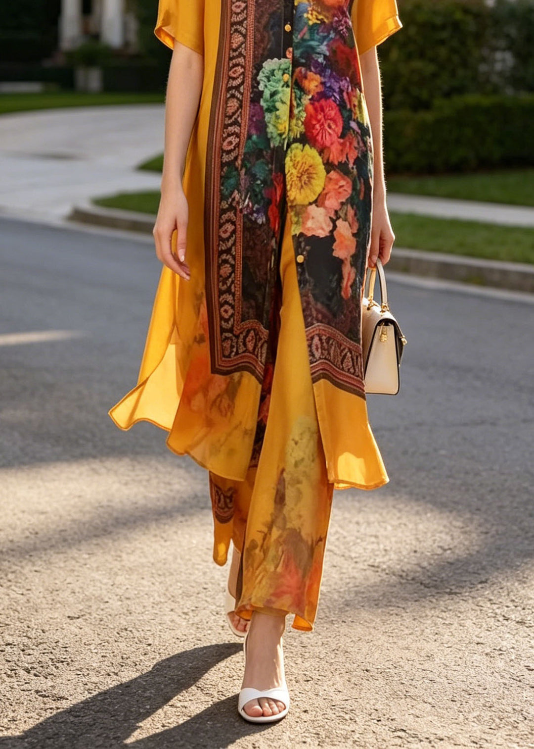 Chic Yellow Stand Collar Print Silk Two Piece Suit Set Summer