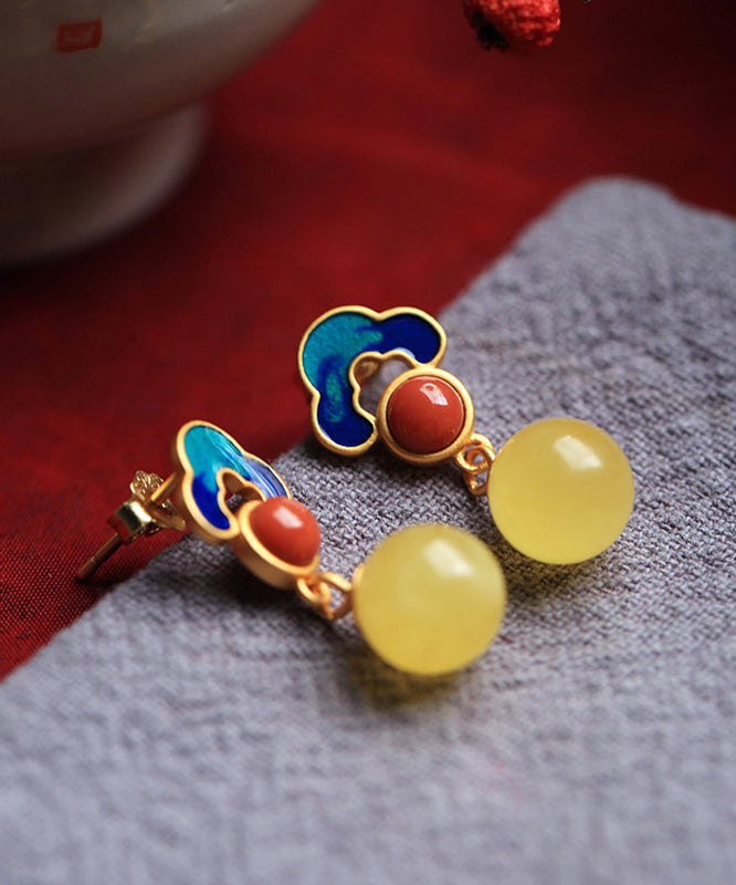 Chic Yellow Sterling Silver Inlaid Auspicious Clouds Amber Stud Earrings