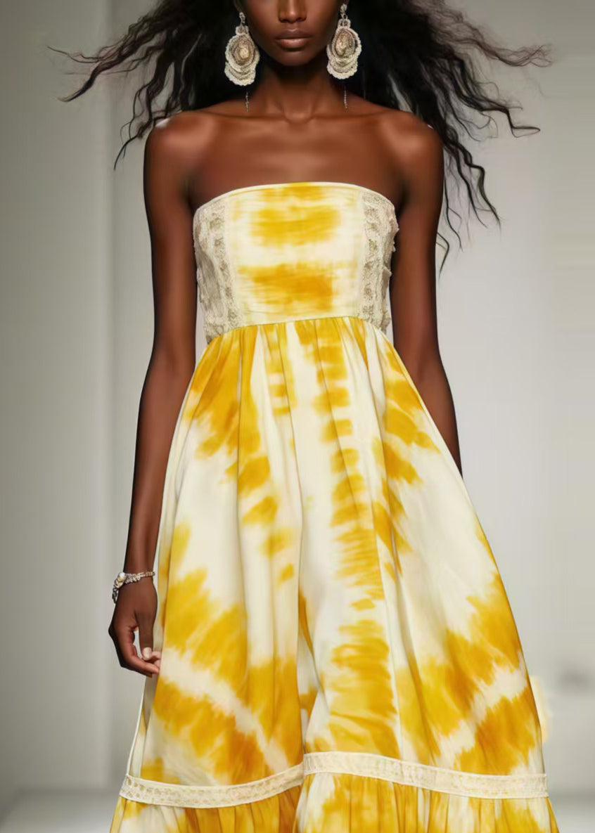 Chic Yellow Tie Dye Exra Large Hem Chiffon Strapless Dress Summer