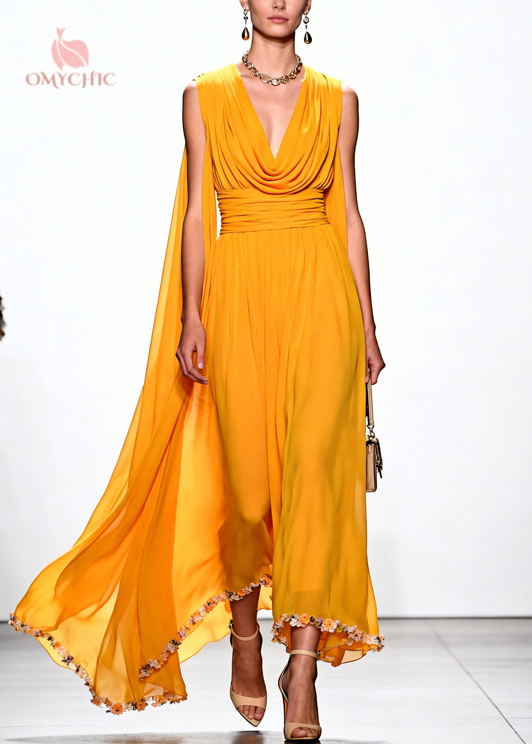 Chic Yellow Turtle Neck Flower Lace Draping Chiffon Dress Summer