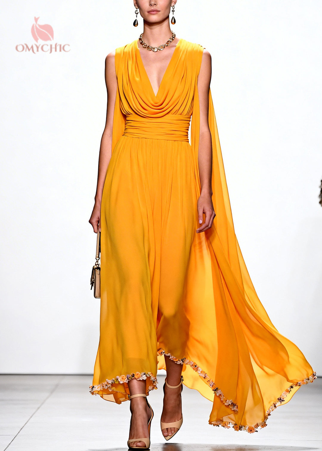 Chic Yellow Turtle Neck Flower Lace Draping Chiffon Dress Summer