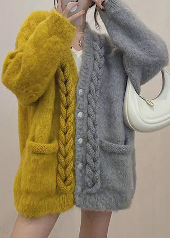 Chic Yellow V Neck Patchwork Button Cozy Cotton Knit Cardigans Winter