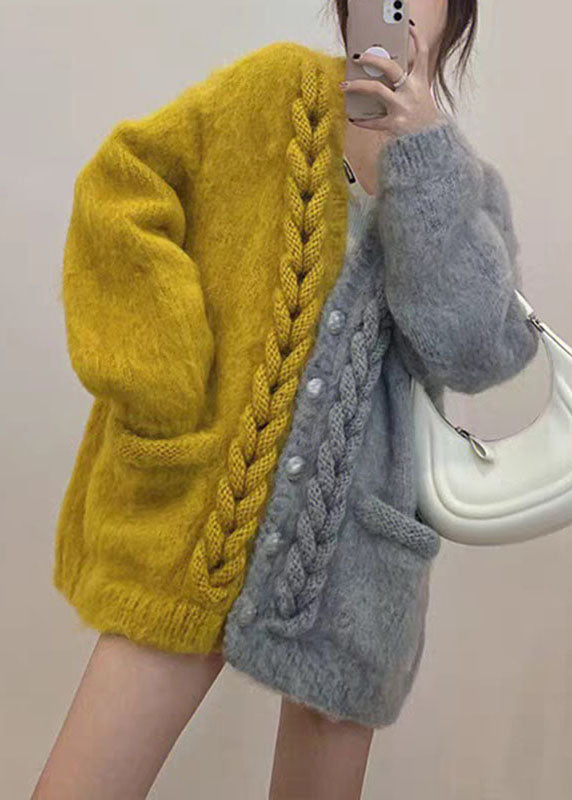 Chic Yellow V Neck Patchwork Button Cozy Cotton Knit Cardigans Winter