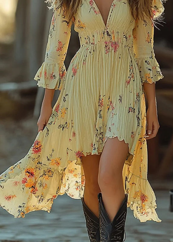 Chic Yellow V Neck Print Wrinkled Cotton Mid Dresses Summer