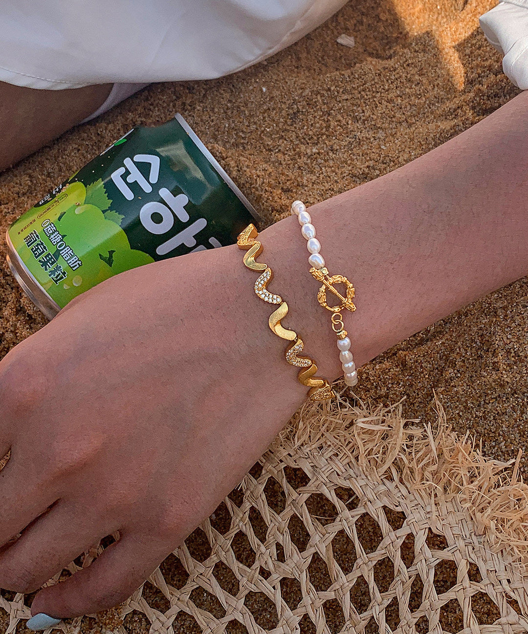 Chic Zircon Double-layer Metal And Pearl Bracelet Two Pieces Set - Omychic