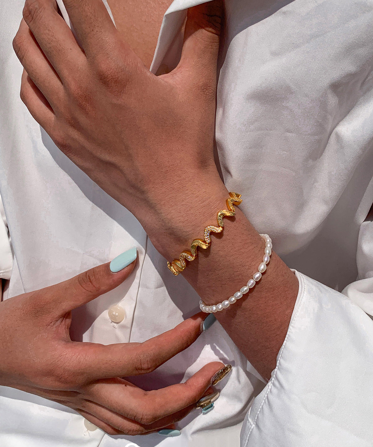 Chic Zircon Double-layer Metal And Pearl Bracelet Two Pieces Set - Omychic