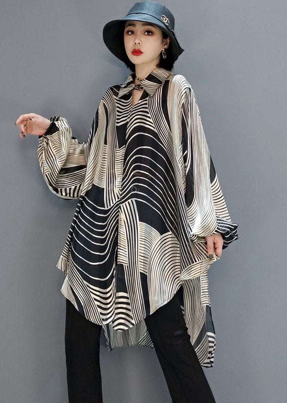 Chic Low High Design Striped Chiffon Shirt Blouse