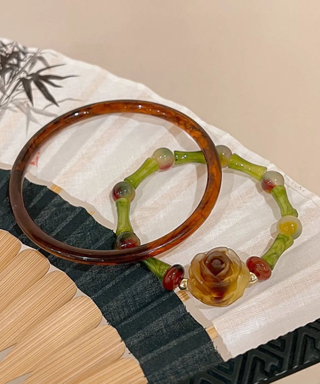 Chinese Style Alloy Artificial Stone Bamboo Joint Bangle Two-Piece Set