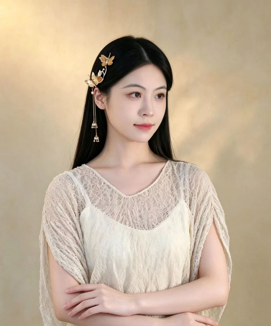 Chinese Style Alloy Butterfly Pearl Tassel Hairpin