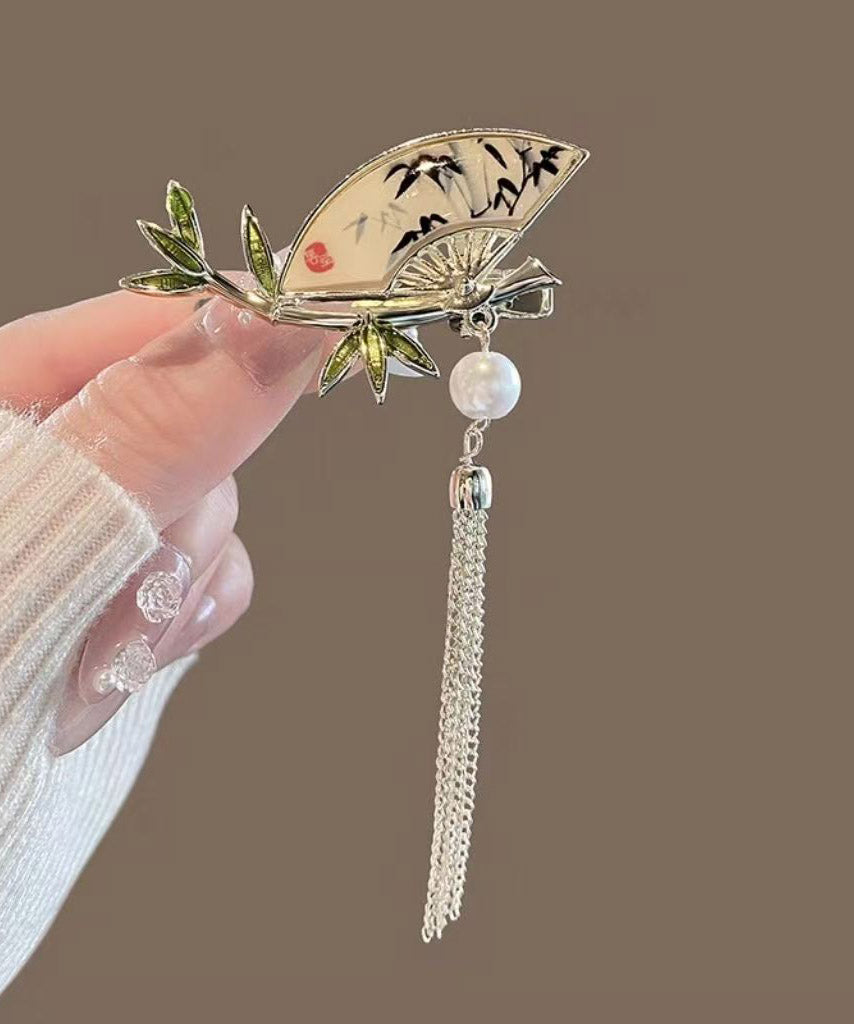 Chinese Style Alloy Pearl Bamboo Leaf Fan-Shaped Tassel Hairpin - Omychic