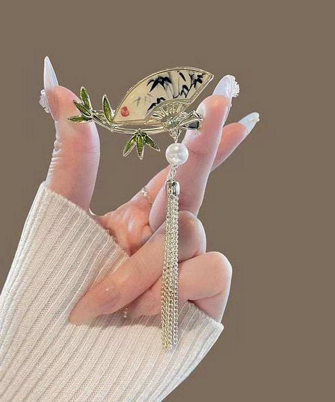 Chinese Style Alloy Pearl Bamboo Leaf Fan-Shaped Tassel Hairpin - Omychic