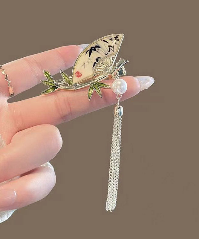 Chinese Style Alloy Pearl Bamboo Leaf Fan-Shaped Tassel Hairpin - Omychic