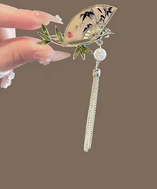 Chinese Style Alloy Pearl Bamboo Leaf Fan-Shaped Tassel Hairpin - Omychic