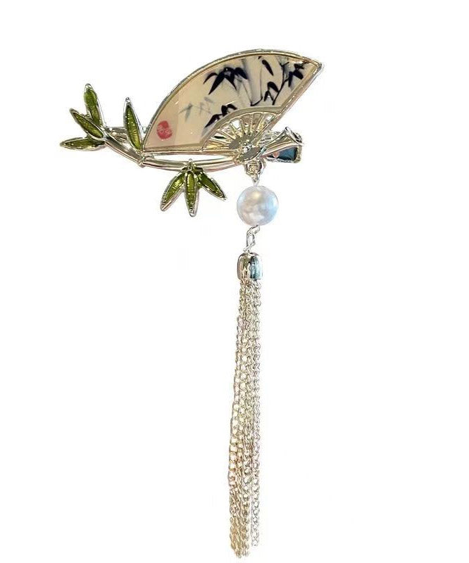 Chinese Style Alloy Pearl Bamboo Leaf Fan-Shaped Tassel Hairpin - Omychic